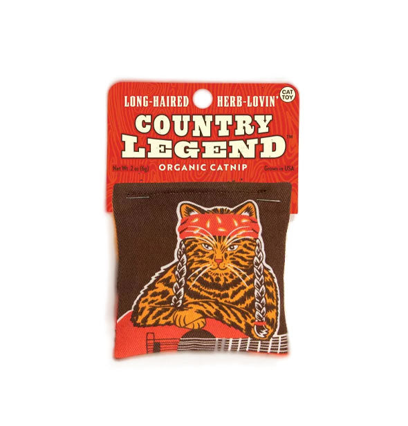 Long-Haired Herb-Lovin' Country Legend Organic Catnip pouch on red display cart features illustration of a cat with guitar wearing a red bandana over two braids in the style of Willie Nelson