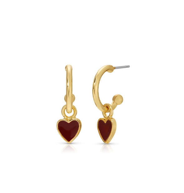 Pair of gold open-ended post hoop earrings with red enamel heart charms attached