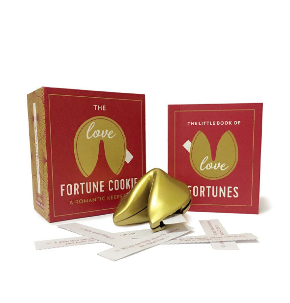 Gold Love Fortune Cookie with sample fortunes, booklet, and box