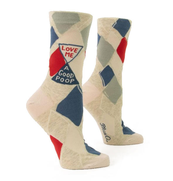 Pair of socks with hand-drawn argyle pattern in blue, gray, and red say, "Love me a good poop" in triangle shapes on the side of the ankle