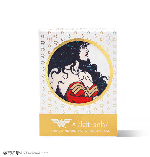 White and gold box of Kitsch Standard Satin Pillowcase with classic Wonder Woman design partially visible through a round window in packaging