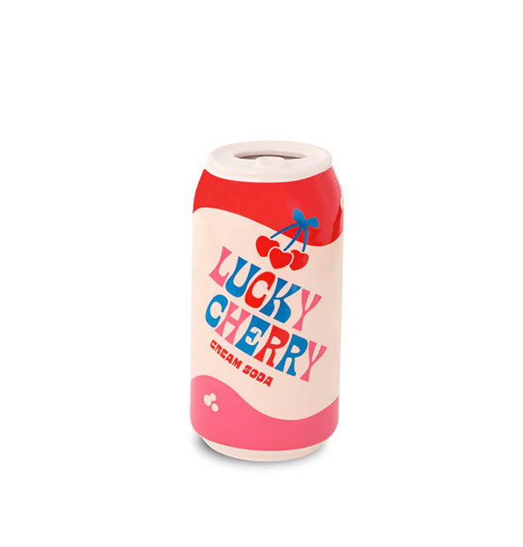 Ceramic flower vase shaped and painted to resemble a Lucky Cherry Cream Soda can