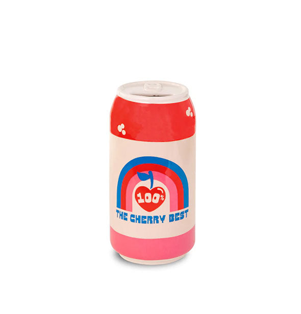 Ceramic flower vase shaped and painted to resemble a Lucky Cherry Cream Soda can says, "The Cherry Best" under a rainbow graphic
