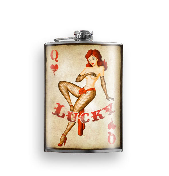 Flask featuring queen of hearts playing card design with red-haired pinup model illustration and the word, "Lucky" overtop