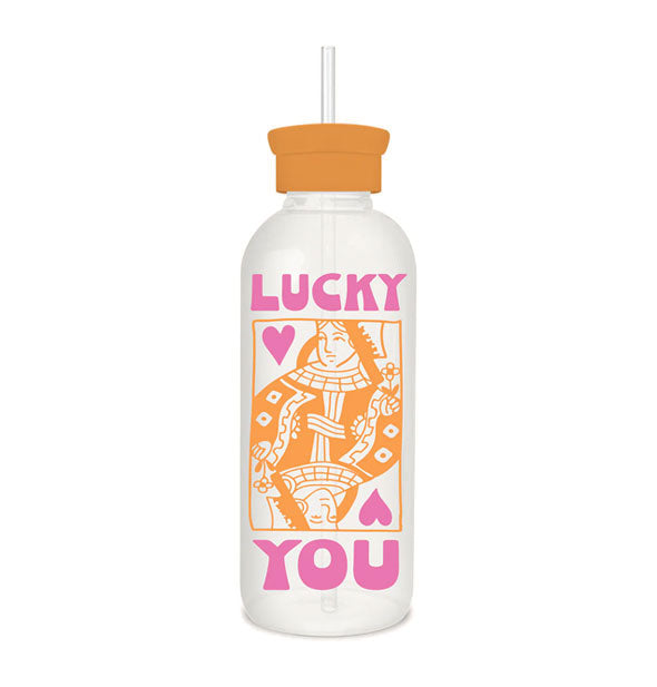 Glass water tumbler with clear straw and orange cap features an orange and pink queen of hearts playing card design with the phrase, "Lucky You"