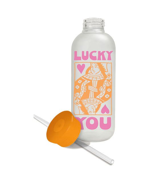 Lucky You glass water bottle with cap and straw removed