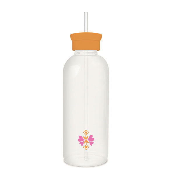 Back side of the Lucky You glass water bottle features a small pink and orange hearts and flowers design at the bottom