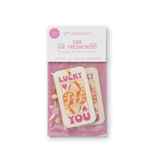 Pack of two car air fresheners that say, "Lucky you" in pink with an orange and pink queen of hearts playing card design