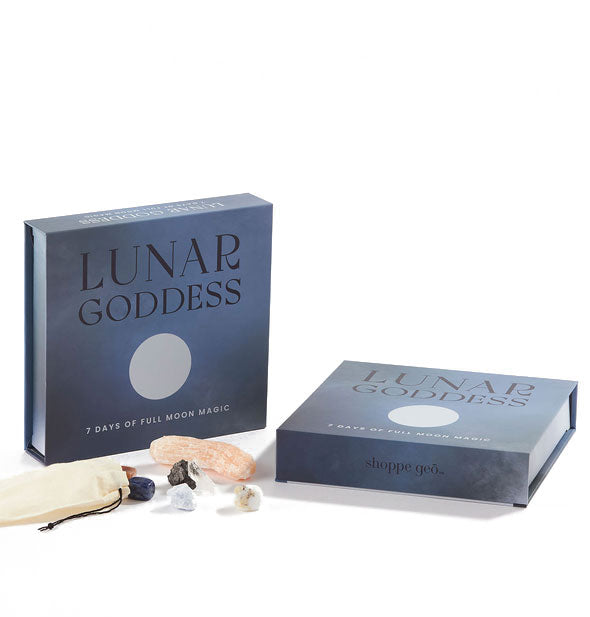 Lunar Goddess: 7 Days of Full Moon Magic box sets with drawstring bag and crystals in the foreground