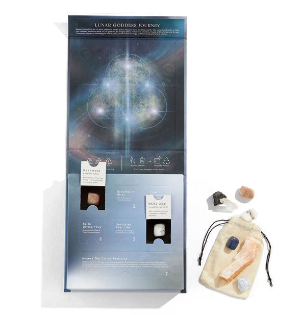 Opened Lunar Goddess box set with drawstring bag and crystals set alongside