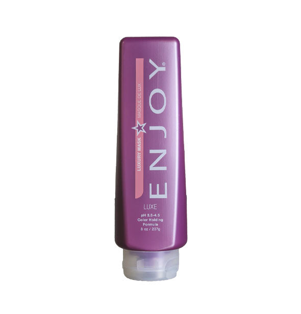 Purple 8 ounce bottle of Enjoy Luxury Mask with pink stripe accent