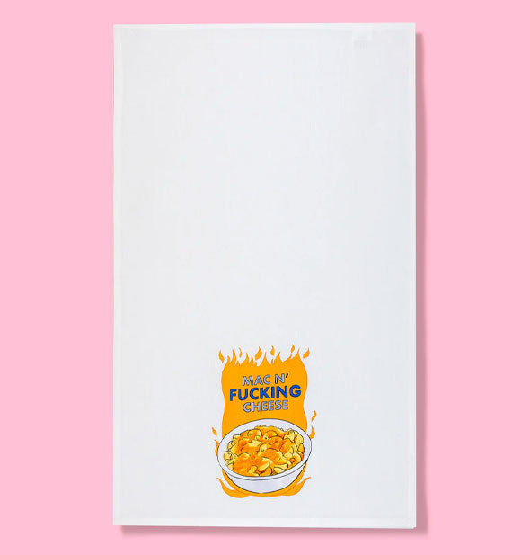White dish towel with illustration of a bowl of cheesy noodles says, "Mac N' Fucking Cheese" in blue lettering