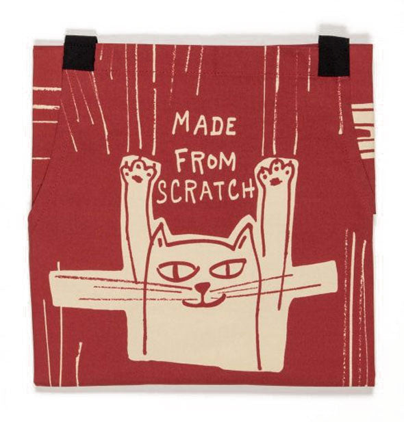 Made From Scratch apron shown folded with closeup of cat design