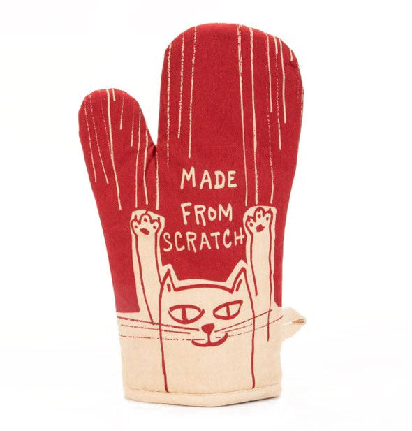 Red and white oven mitt with all-over illustration of a cat with claw marks says, "Made From Scratch"