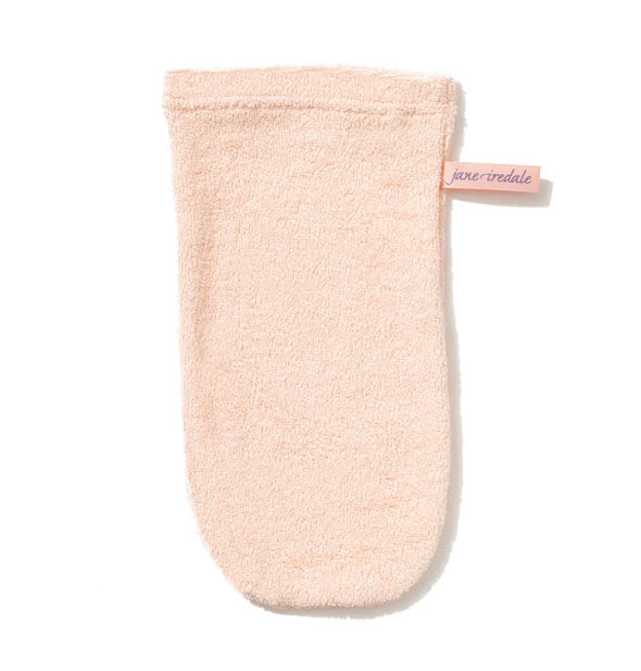 Light blush pink textured mitt with pink Jane Iredale tag