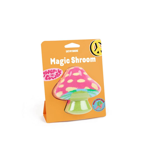 Pack of Magic Shroom socks folded to resemble a colorful mushroom visible through clear blister packaging