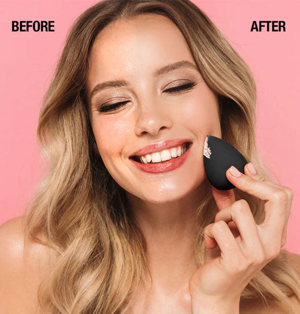 Smiling model dabs powder onto left cheek with black sponge applicator to demonstrate the effectiveness of Palladio Rice Powder at eliminating shine