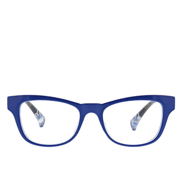 Squared blue cat eye reading glasses shown from the front with temple tip floral details shown through the lenses