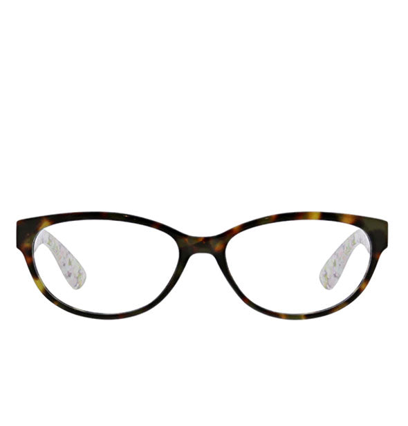 Brown tortoise soft cat-eye glasses with pastel floral ear pieces visible through the lenses