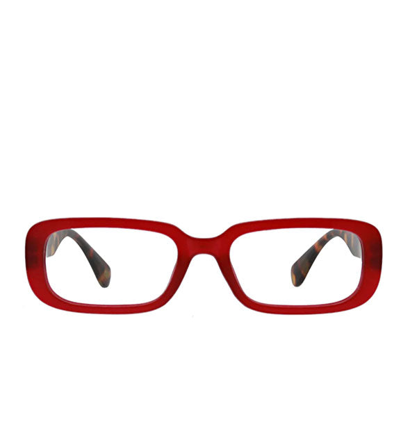 Front view of a pair of rectangular red reading glasses with brown tortoise ear pieces visible through the lenses
