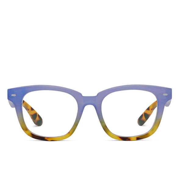 Front view of Hidden Gem reading glasses feature matte periwinkle eyes with ombre amber tortoise effect at the bottom and on the ends of the temple arms seen through the lenses