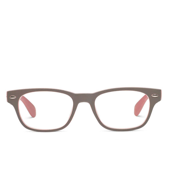 Pair of gray soft square reading glasses with red temple tips visible through the lenses