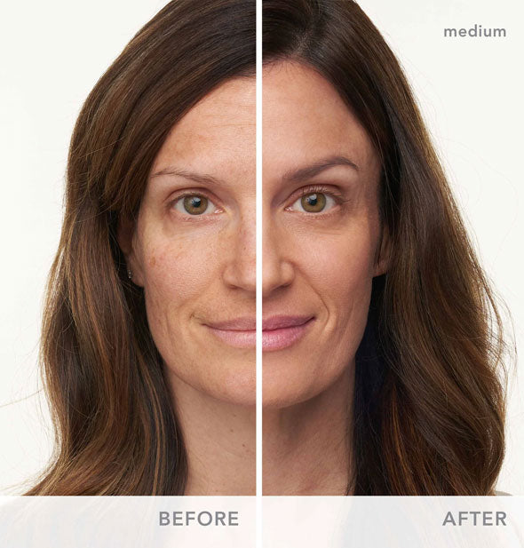 Side-by-side comparison of model's skin before and after using Jane Iredale's Dream Tint Tinted Moisturizer in shade Medium