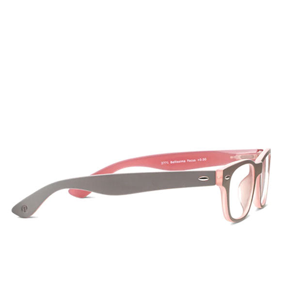 Side view of matte gray reading glasses with red frame interior and silver oval studs near the temple