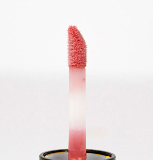 Closeup of doe foot Palladio Hydrating Lip Oil applicator lightly saturated in a pink shade