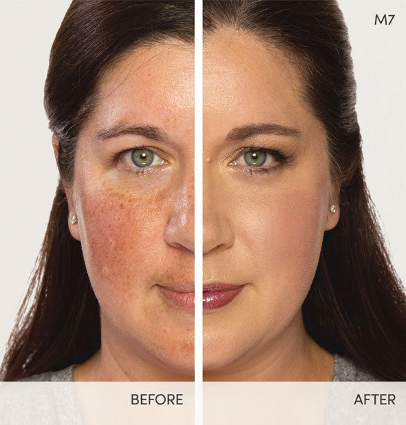 Side-by-side comparison of model's face before and after using shade M7 of Jane Iredale's Beyond Matte Liquid Foundation