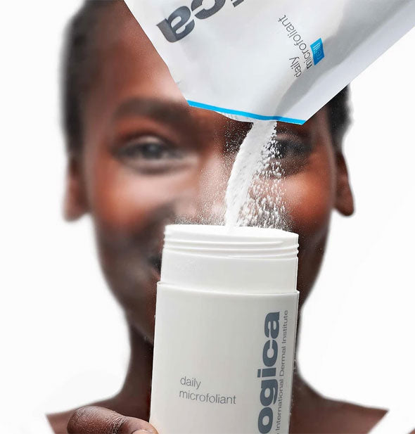 Model fills a bottle of Dermalogica Daily Microfoliant with powder contents of a refill pack