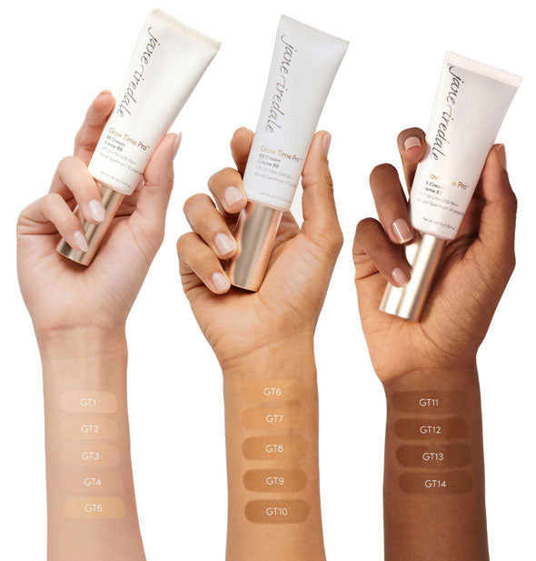 Three models' arms in light, medium, and dark pigmentations with shades of Jane Iredale's  Glow Time Pro BB Cream shades applied 