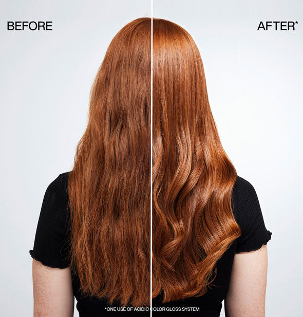 Side-by-side comparison of model's hair before and after one use of Acidic Color Gloss system