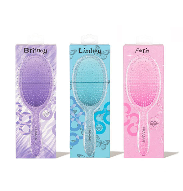 Grouping of three Framar hairbrush packages: purple Britney, blue Lindsay, and pink Paris