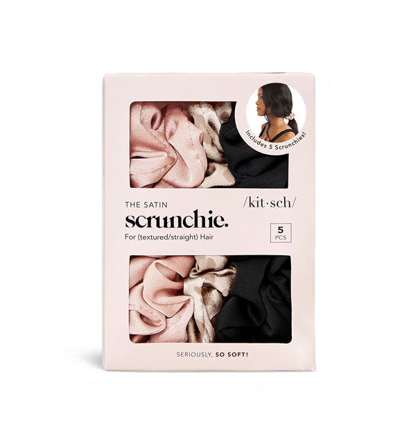 Light pink box of a Kitsch Satin Scrunchie 5-piece set with fabric partially visible through windows in packaging