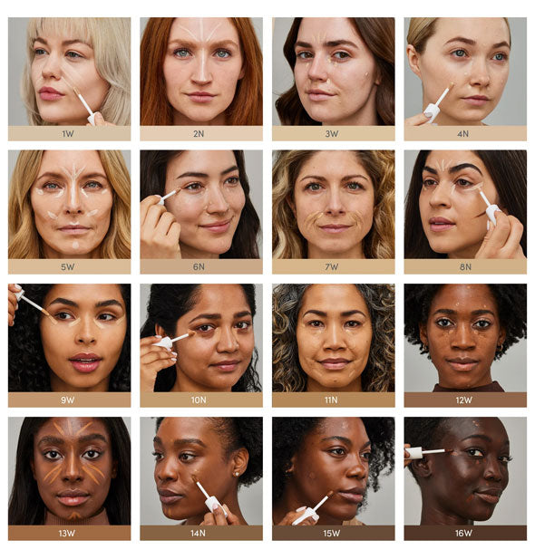 Chart with pictures of 16 models labeled with the shade of Jane Iredale PureMatch Liquid Concealer they're using