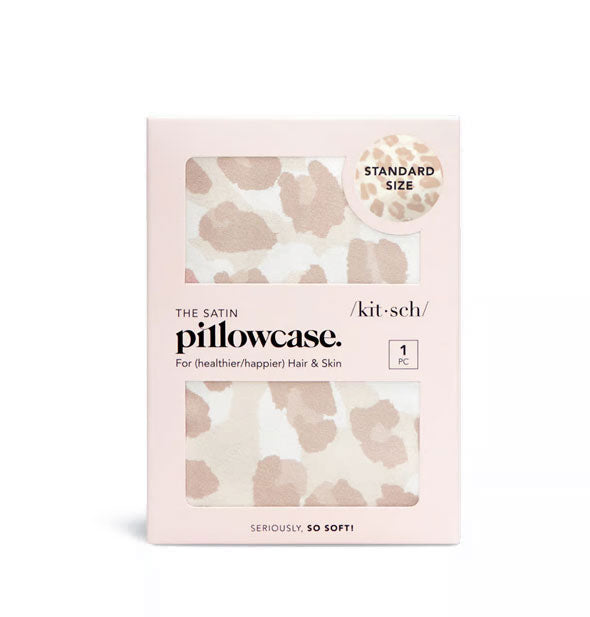 The Satin Pillowcase by Kitsch in champagne leopard print shown through windows in packaging