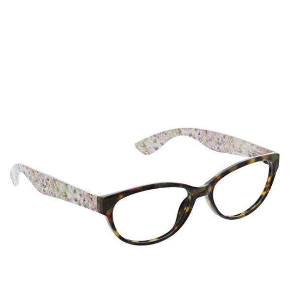 Pair of glasses with brown tortoise front and pastel floral temple arms