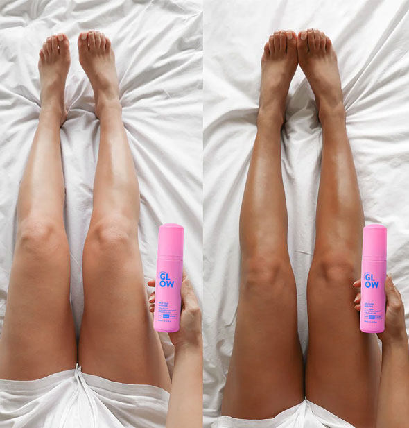 Side-by-side comparison of model's legs resting on a white bedsheet before and after application of Australian Glow 1 Hour Express Self Tan Mousse