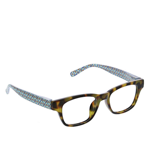Pair of reading glasses with brown tortoise front and blue lattice print temple arms