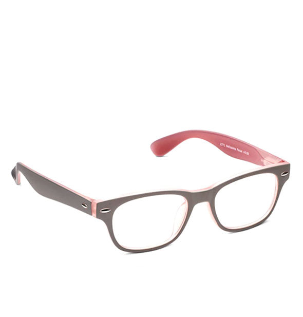 Pair of soft square reading glasses with gray exterior and red interior frames accented by silver oval studs at the temples