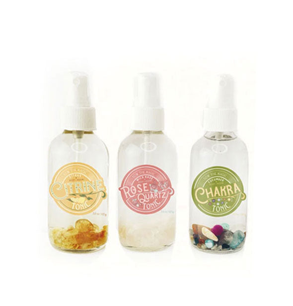 Collection of Citrine, Rose Quartz, and Chakra gem-infused tonic sprays