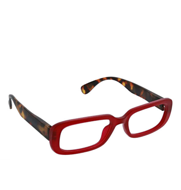 Pair of reading glasses with red eye pieces and brown tortoise temple arms