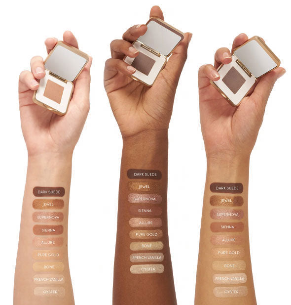 Three models' upraised hands holding Jane Iredale eye shadow compacts with inner forearms painted in each labeled shade