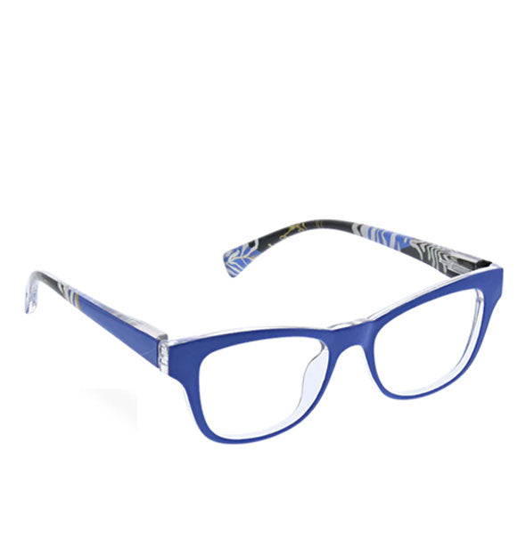 Blue reading glasses with floral patterned temple arm interior
