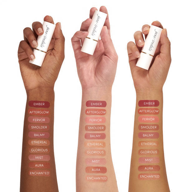 Three models' outstretched arms each feature drawn-on samples of each of Jane Iredale's Glow Time Blush Stick shades