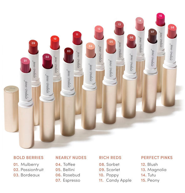 Collection of 15 opened Jane Iredale lipstick tubes lined up on end are sorted and labeled according to their tones: Bold berries, nearly nudes, rich reds, and perfect pinks