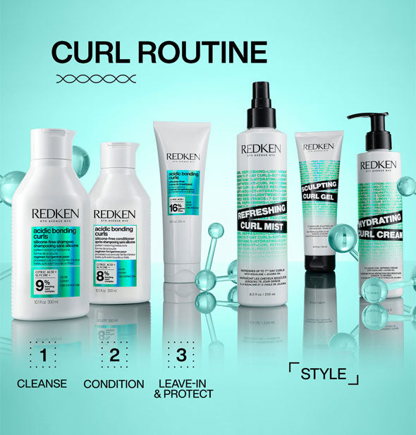 Redken Curl Routine includes (from left to right) Acidic Bonding Curls Silicone-Free Shampoo, Conditioner, and Leave-In Treatment, Refreshing Curl Mist, Sculpting Curl Gel, and Hydrating Curl Cream