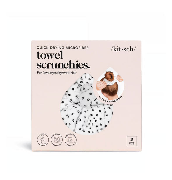 Light pink box of Kitsch Quick-Drying Microfiber Towel Scrunchies with black and white polka dotted fabric partially visible through a teardrop-shaped window in packaging