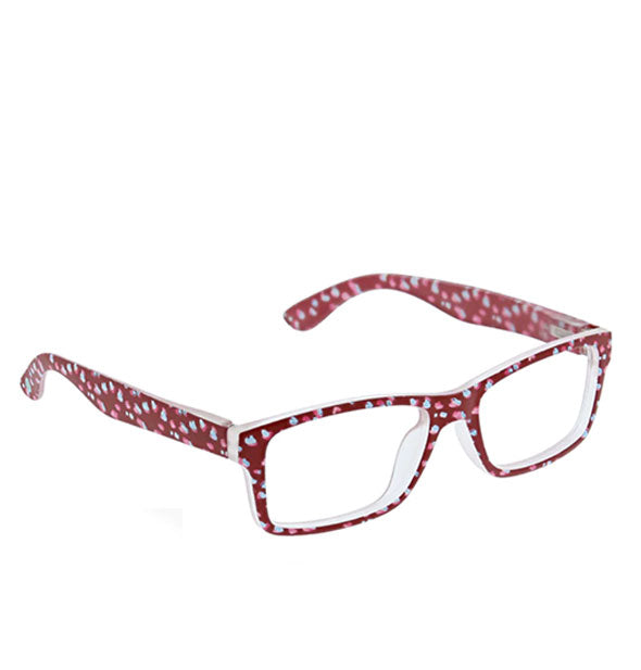 Pair of rectangular red reading glasses with all-over blue and pink flecked design